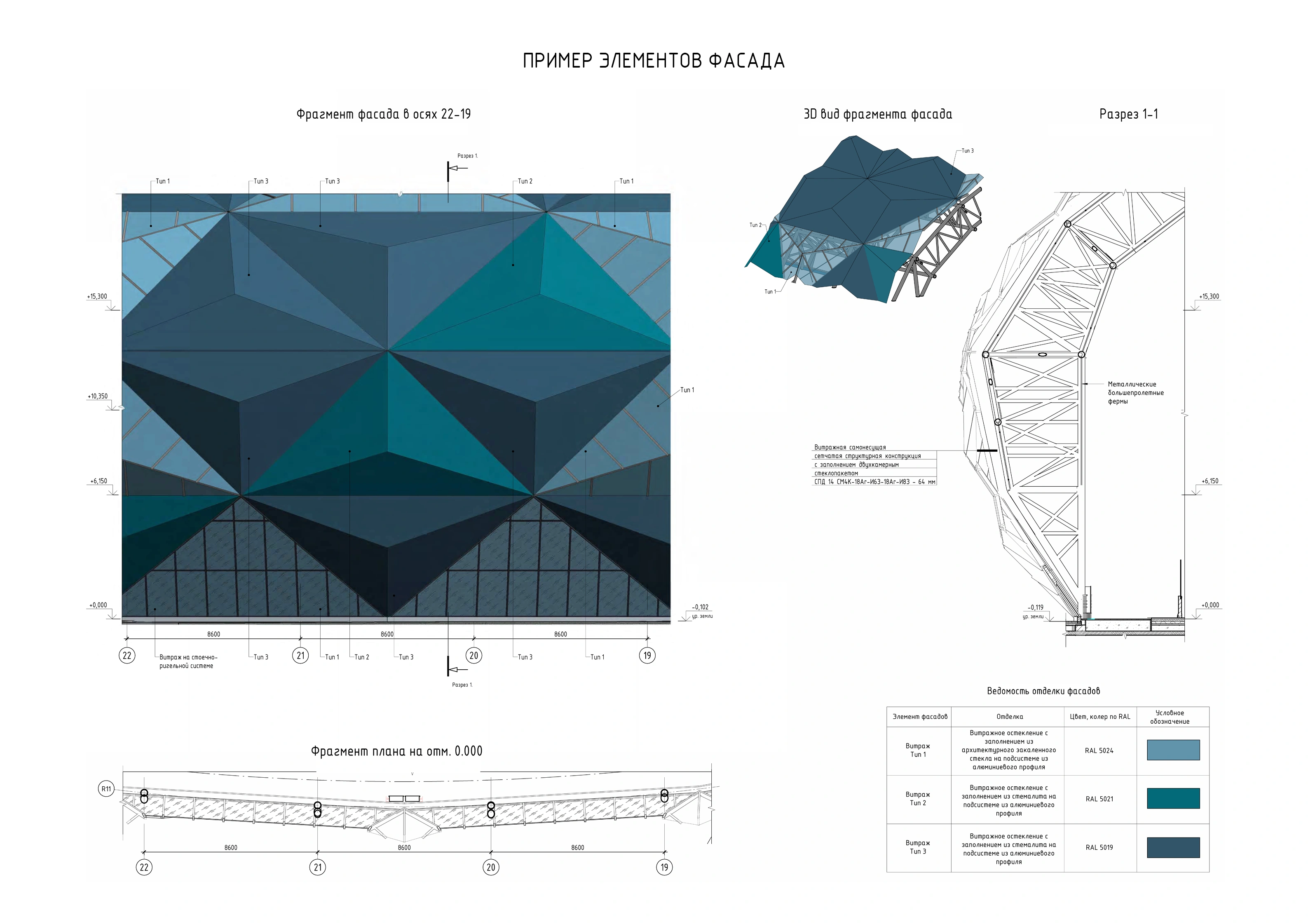 Multifunctional sports complex — drawing: facade elements: fragment, 3D view and section