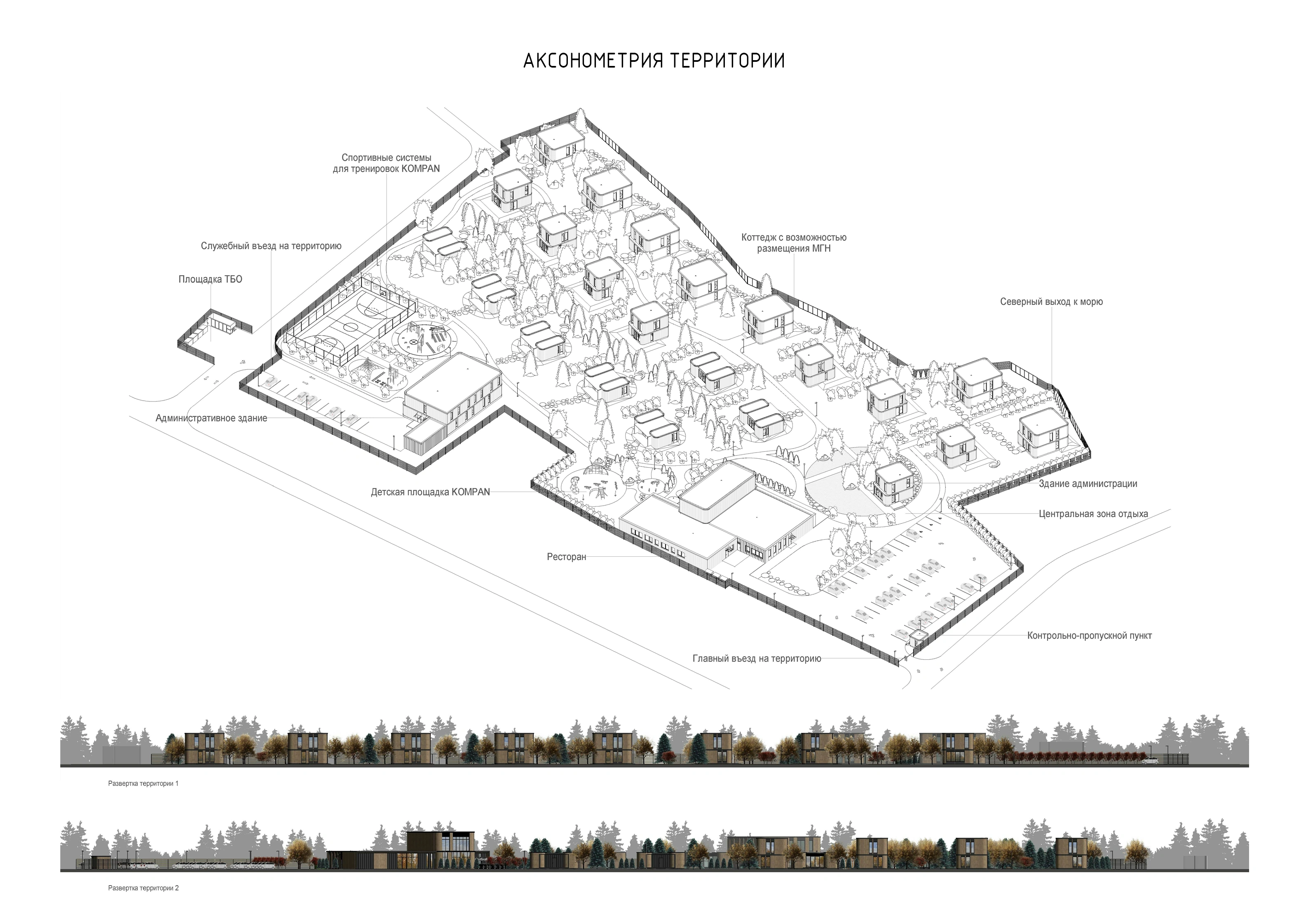 Multifunctional hotel complex — drawing: site axonometric and street elevations