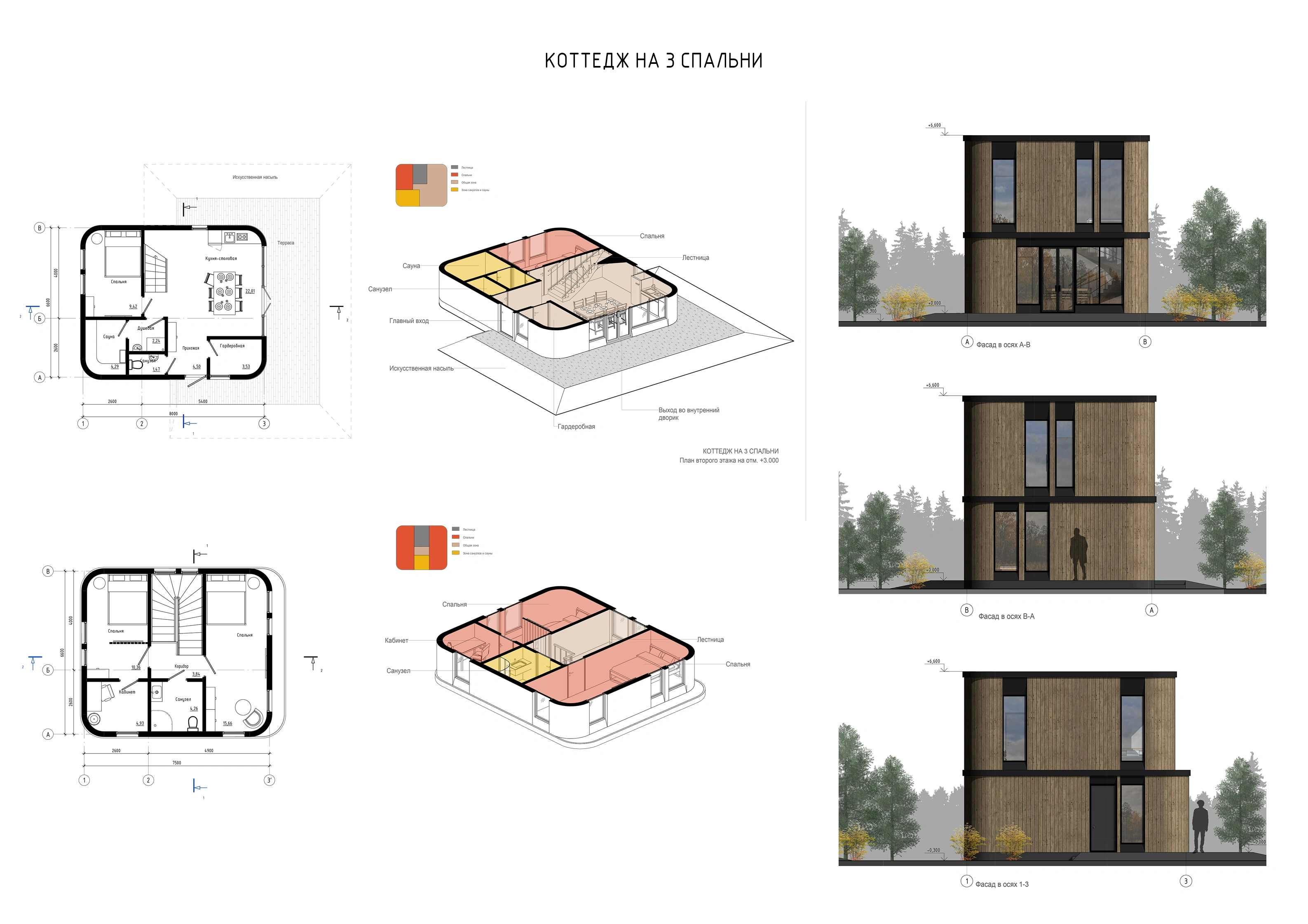 Multifunctional hotel complex — drawing: three-bedroom cottage: plans, elevations, zoning