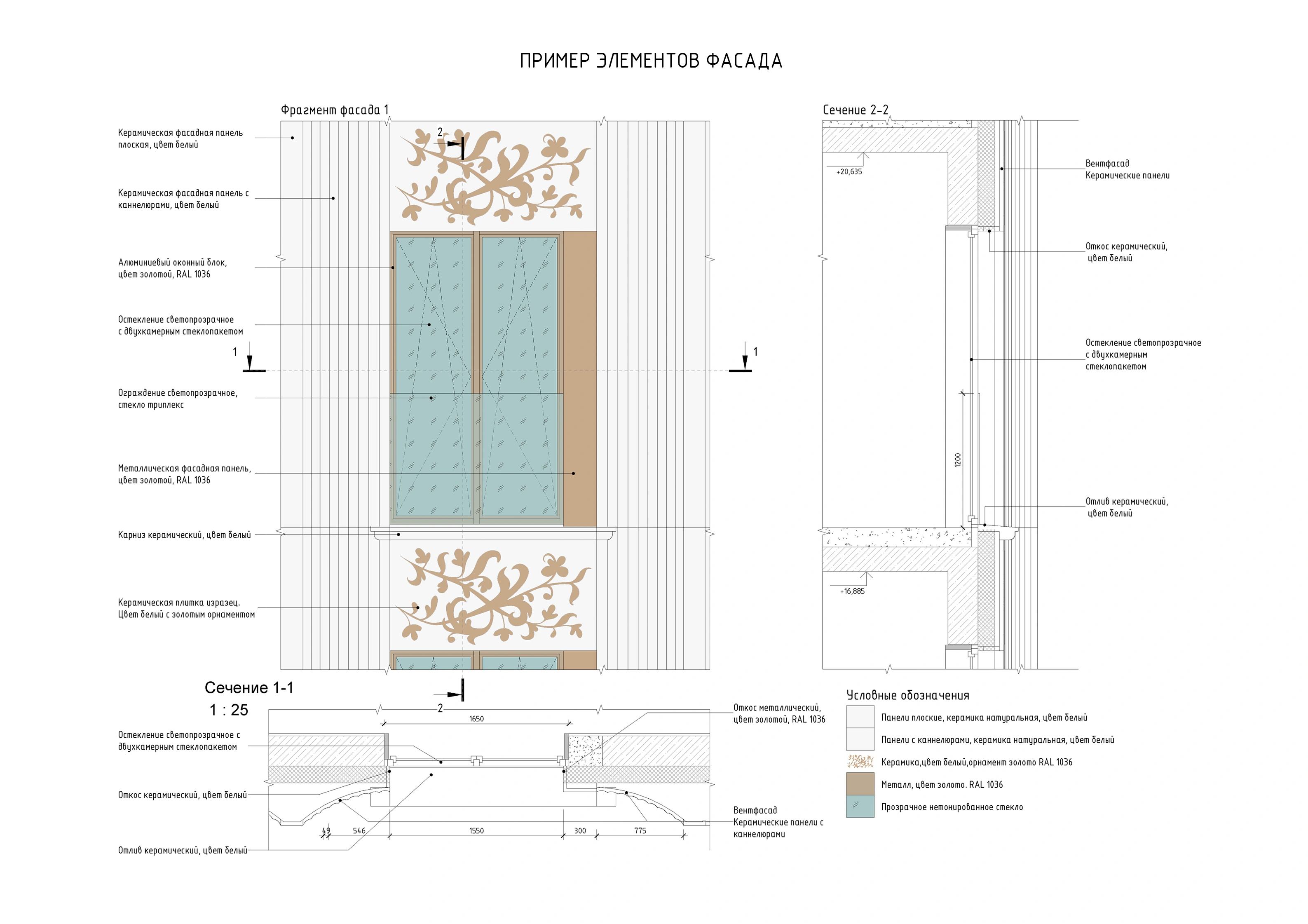 Apartment building with underground parking — drawing: facade elements, fragment and sections
